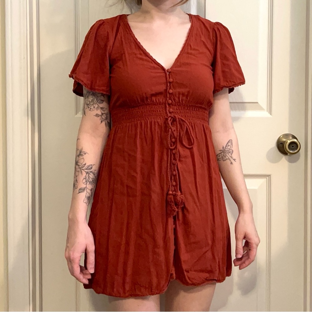 Burnt Orange Button Front Tassel Short Sleeve Mini Dress Size S - Picture 3 of 6